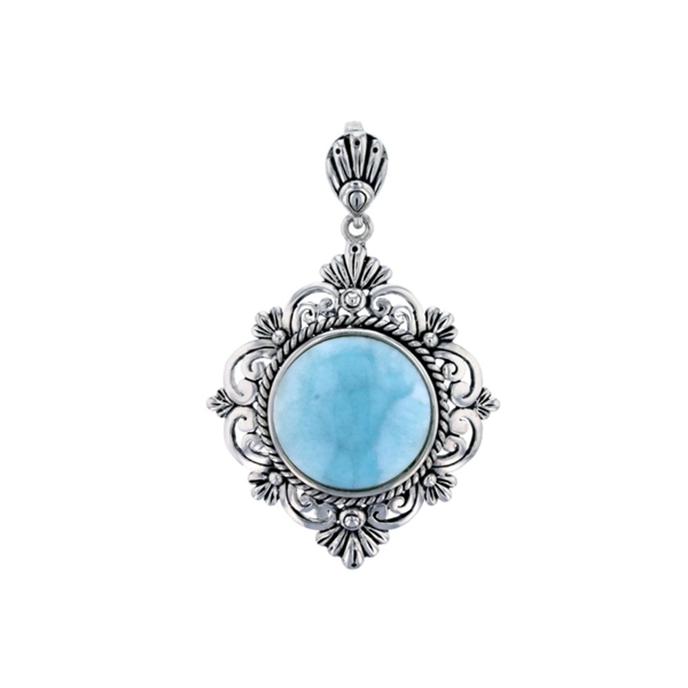 925 Sterling  Silver Larimar Round Shape on Vintage Frame Pendant  6.5 gm